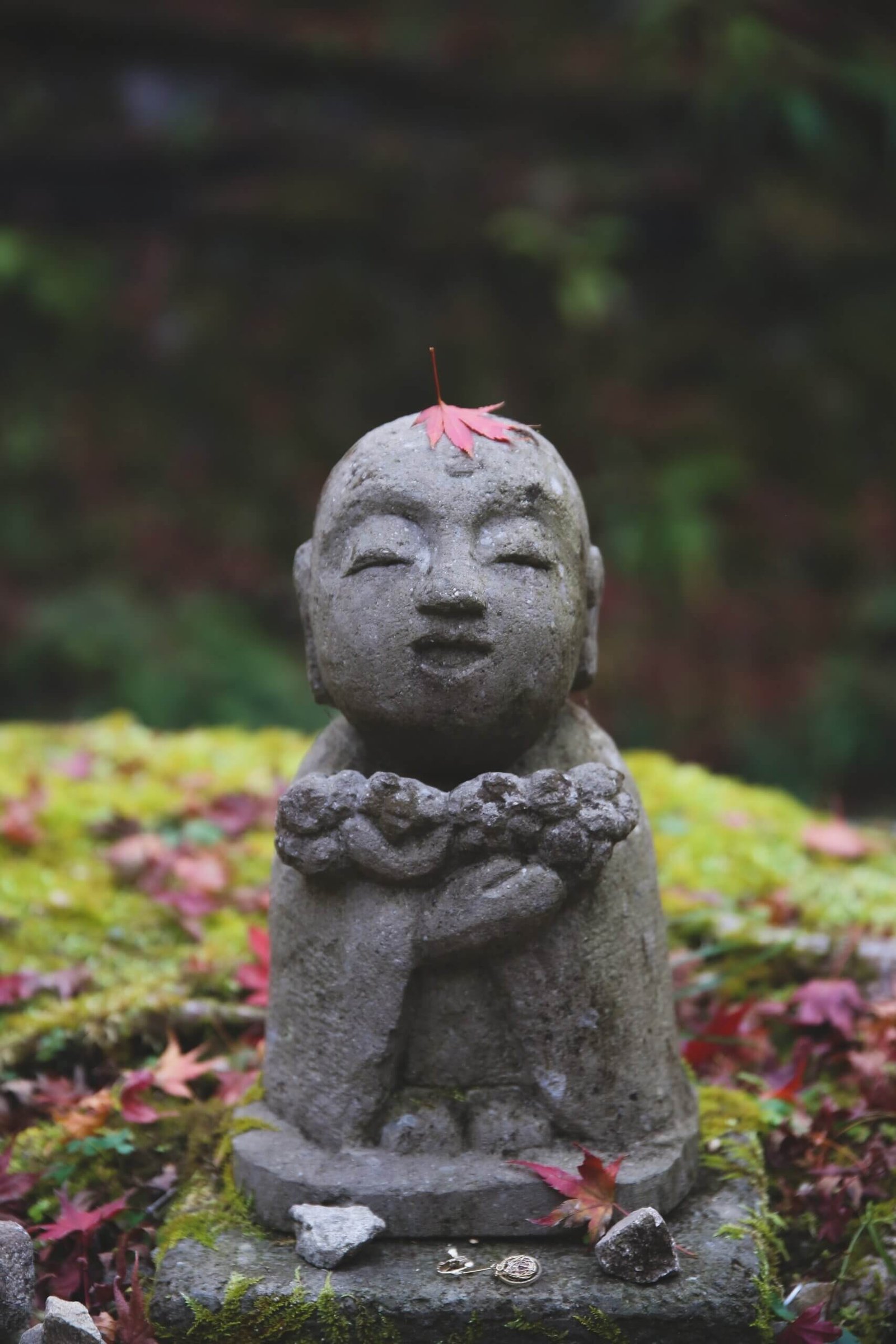 Statua di Jizo in un prato verde