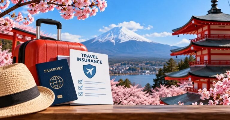 Valigia, passaporto e documento di assicurazione di viaggio con il monte Fuji e una pagoda tra i ciliegi