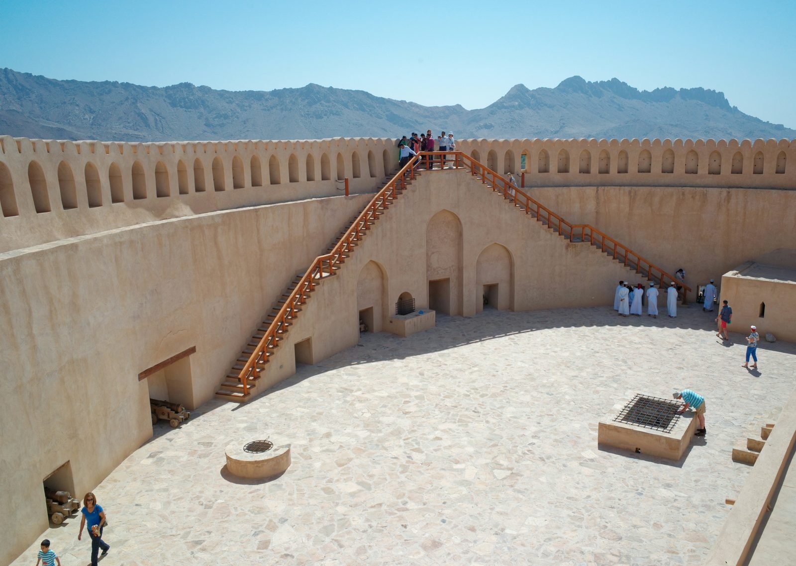 oman come vestirsi donne Come vestirsi in Oman: regole per donne e uomini, moschee e spiagge (2026) Il cortile circolare del forte di Nizwa con turisti e uomini omaniti in dishdasha bianca, e le montagne sullo sfondo