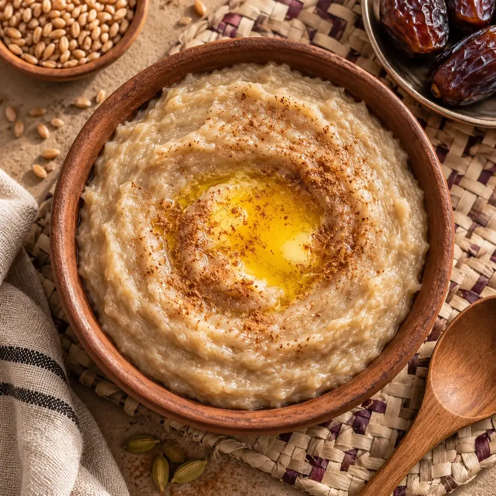 Illustrazione di una ciotola di harees omanita, crema di grano e carne con ghee fuso e cannella, vista dall'alto