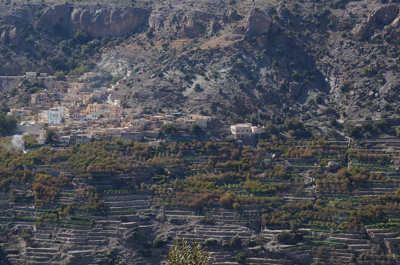 quando andare in oman Quando andare in Oman: periodo migliore e clima mese per mese (2026) Il villaggio di Al-Sharaijah con le case in pietra sopra i terrazzamenti coltivati del Jebel Akhdar