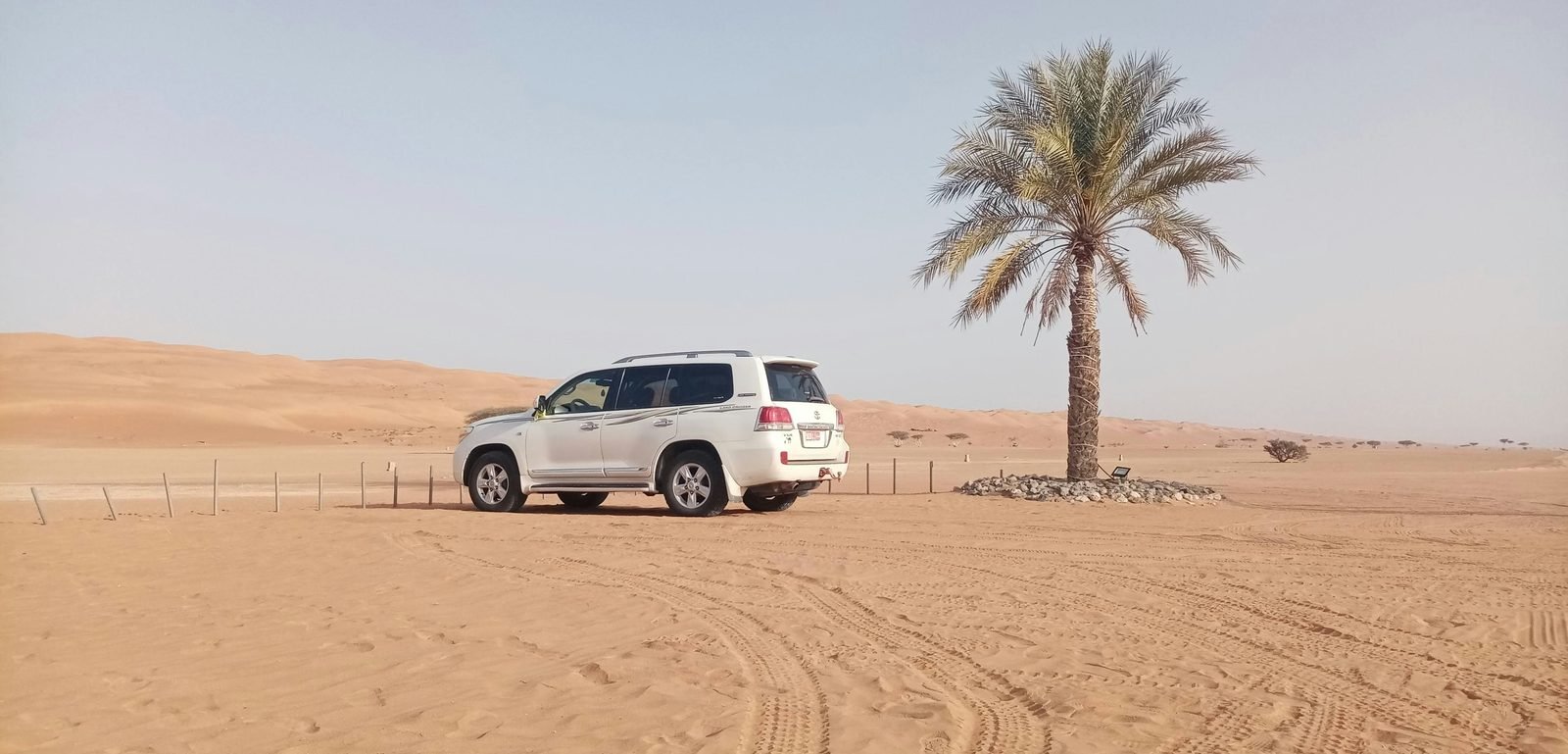 assicurazione viaggio oman Assicurazione viaggio Oman: è obbligatoria, quanto costa e cosa deve coprire (2026) Un fuoristrada bianco parcheggiato sulla sabbia accanto a una palma, al campo Sama Al Wasil a Wahiba Sands