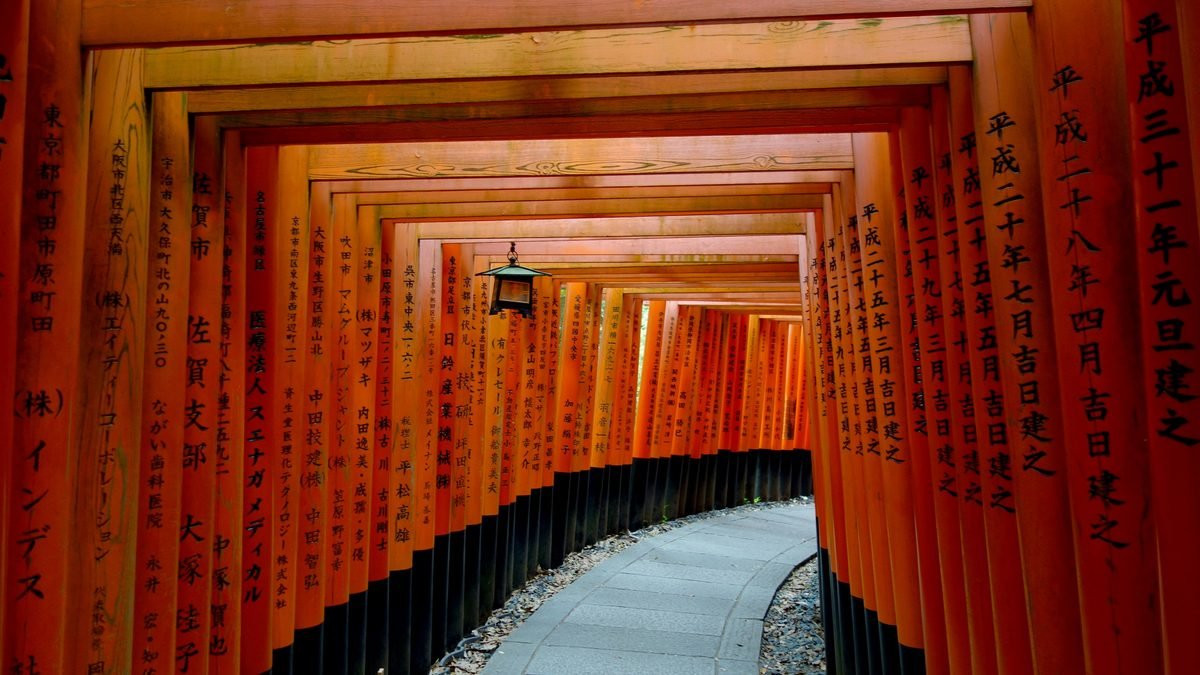 Tunnel di torii arancioni al santuario Fushimi Inari di Kyoto